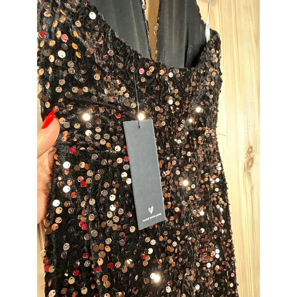 NWT Lulus Mesmerizing Diva Black Sequin Wide-Leg Halter Jumpsuit Party Size XS - Picture 7 of 9